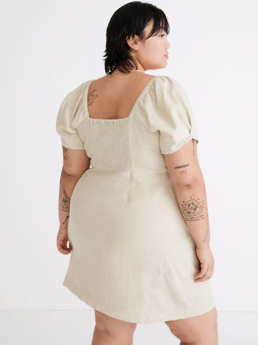 Madewell Plus Linen-Cotton Puff-Sleeve Dress size 16W mini‎ button down ruched - Picture 2 of 7